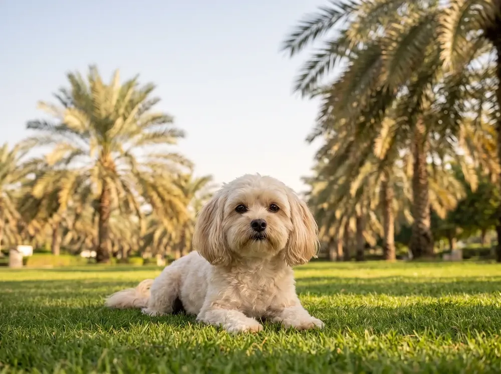 Shih-Poo in Dubai, a cream adult lying on a park lawn with date palms behind