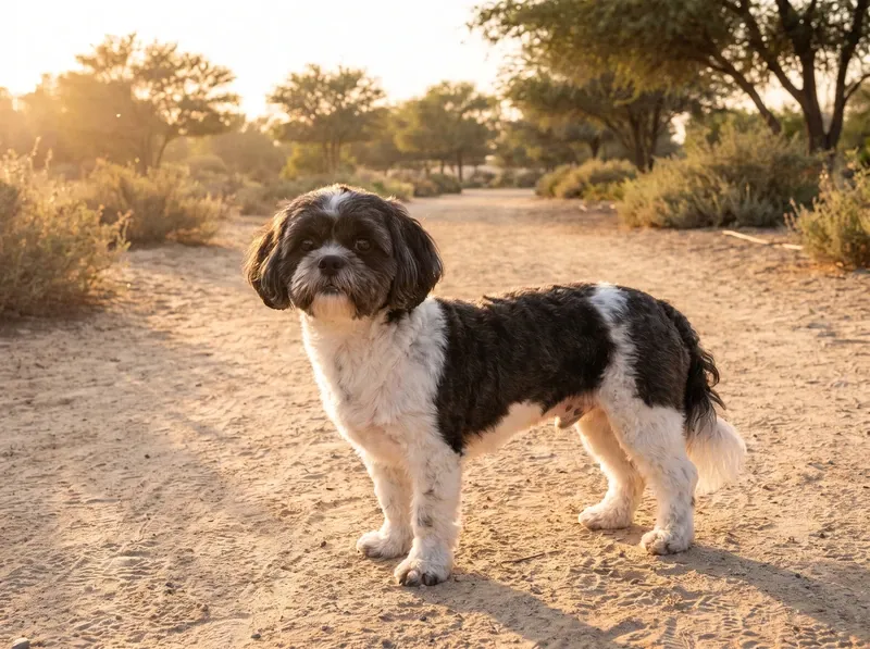 Shih-Poo in Dubai, a black and white adult standing on a sandy desert path at golden hour