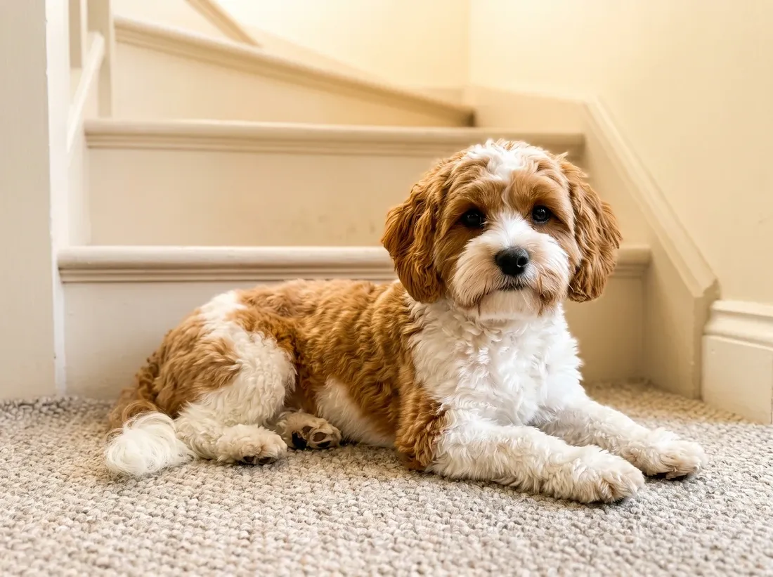 Shih-Poo, a gold and white puppy lying on a rug at the foot of a staircase