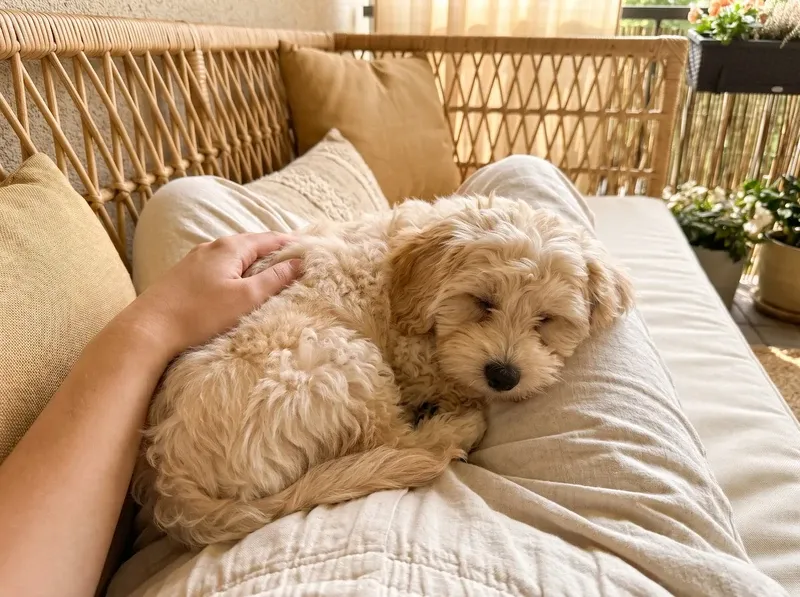 Shih-Poo, a cream puppy asleep in a pet parent's lap on a rattan daybed on a balcony