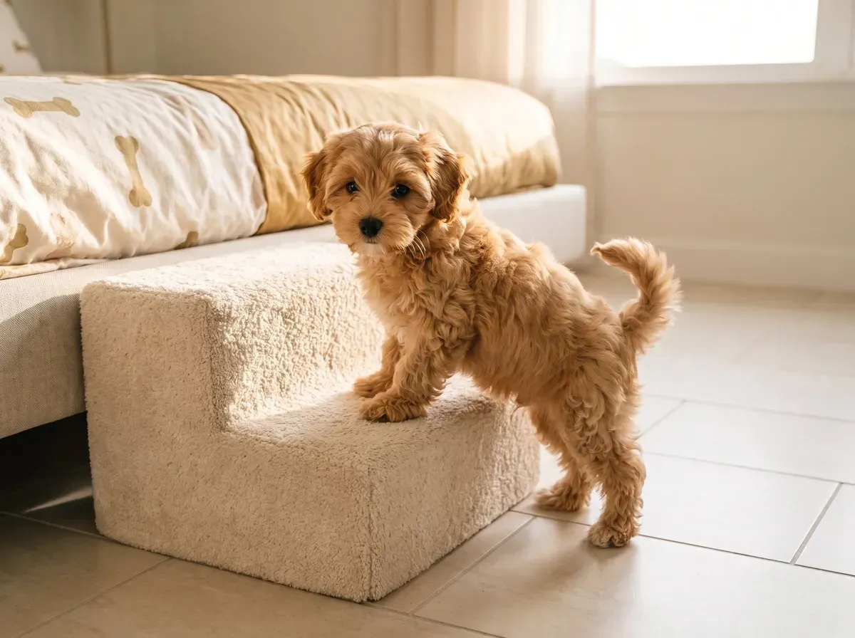 Shih-Poo, an apricot puppy climbing a carpeted pet step up to a low bed