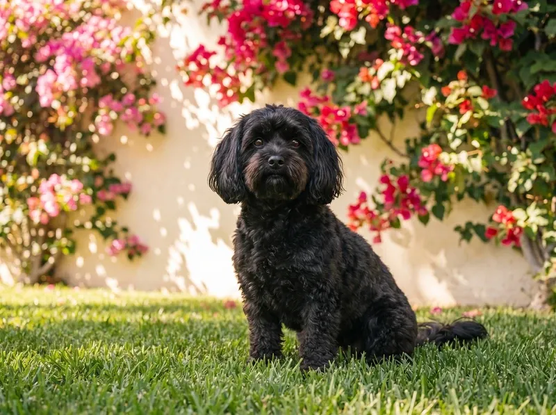 Shih-Poo, a black adult sitting on a villa lawn by a cream wall hung with bougainvillea