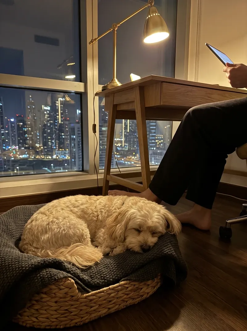 Shih-Poo in Dubai, a cream adult asleep in a basket by a desk at night, the skyline beyond