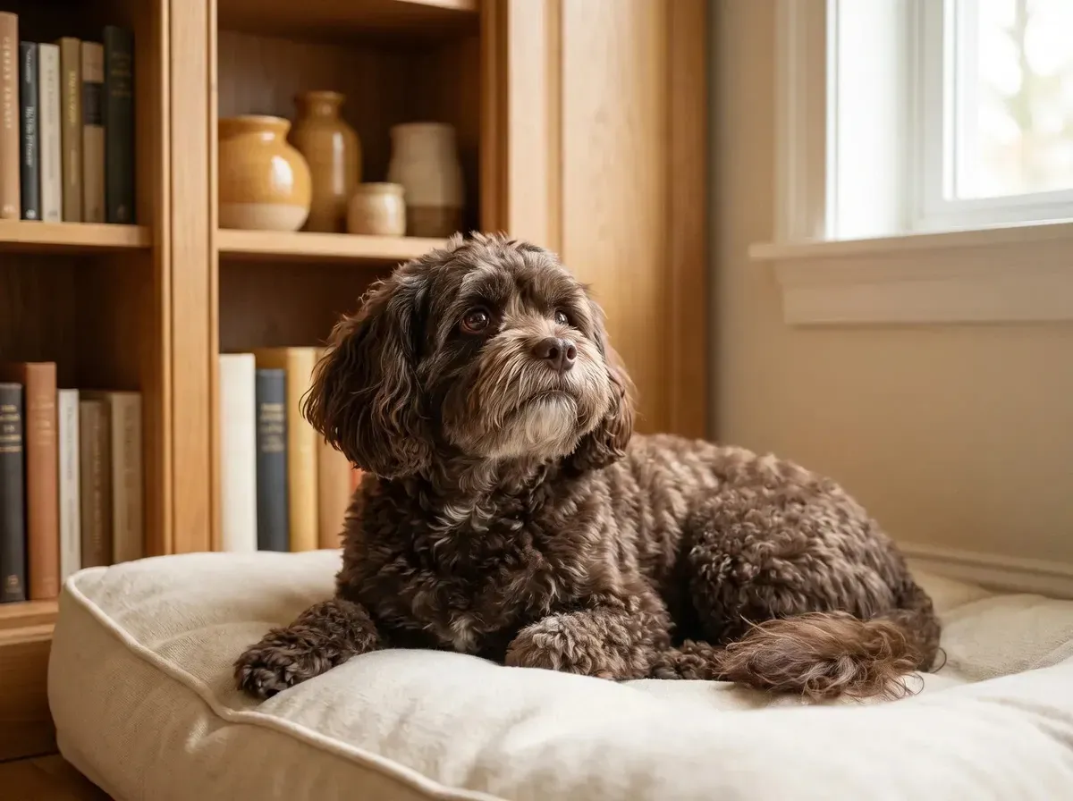 Shih-Poo, an older chocolate dog resting on a cushioned bed by a bookcase