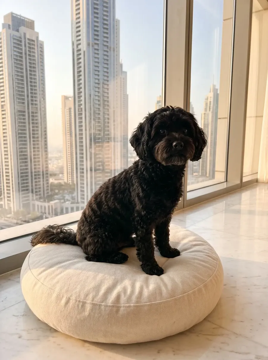 Shih-Poo in Dubai, the same black adult on a cream cushion by a tower window, skyscrapers outside