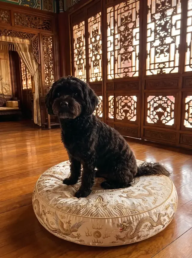 Shih-Poo, a black adult sitting on an embroidered silk cushion in a carved wooden palace room