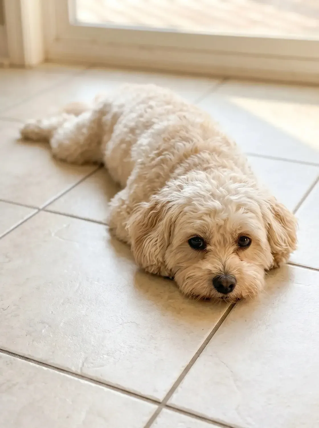 Shih-Poo, a cream adult stretched out flat on cool kitchen tiles, chin on the floor