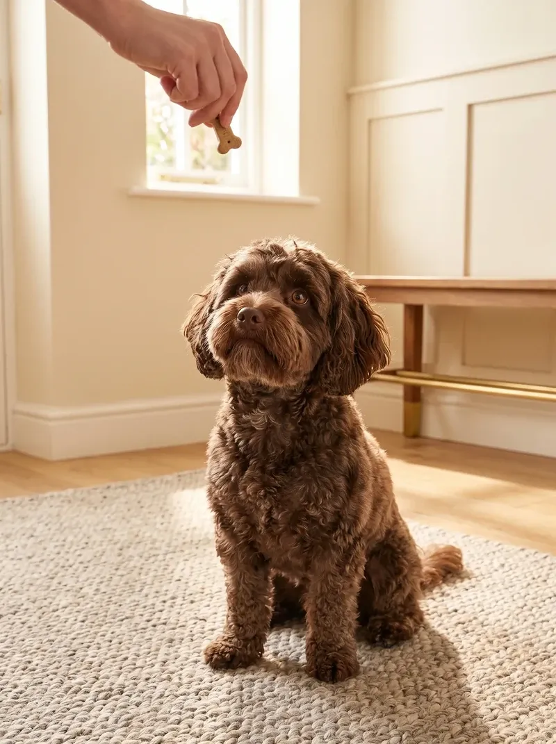 Shih-Poo, a chocolate adult sitting on a rug in an entrance hall, looking up at a hand holding a treat
