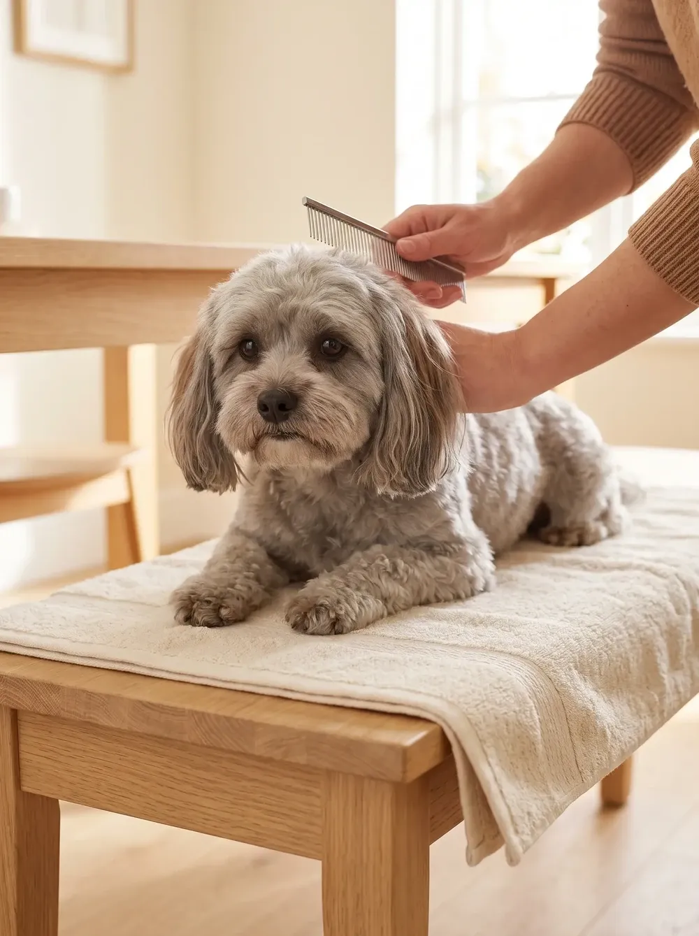 Shih-Poo, a pet parent combing a silver adult lying on a towel on a dining bench