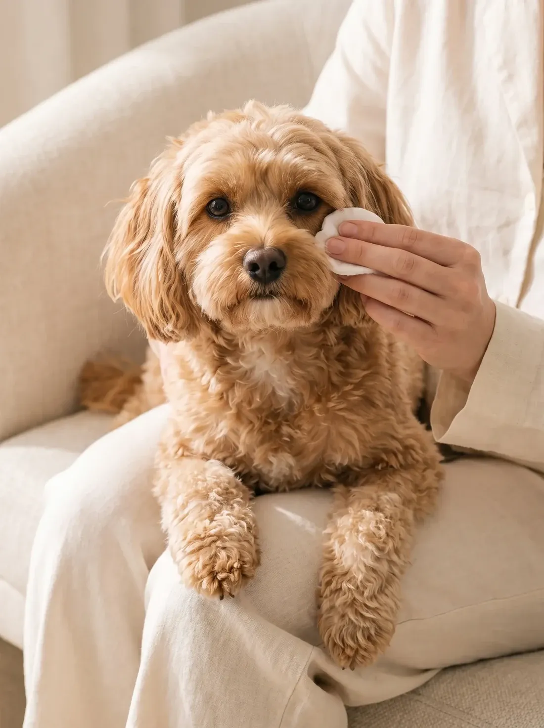 Shih-Poo, a pet parent wiping below an apricot adult's eye with a cotton pad, the dog calm on a lap