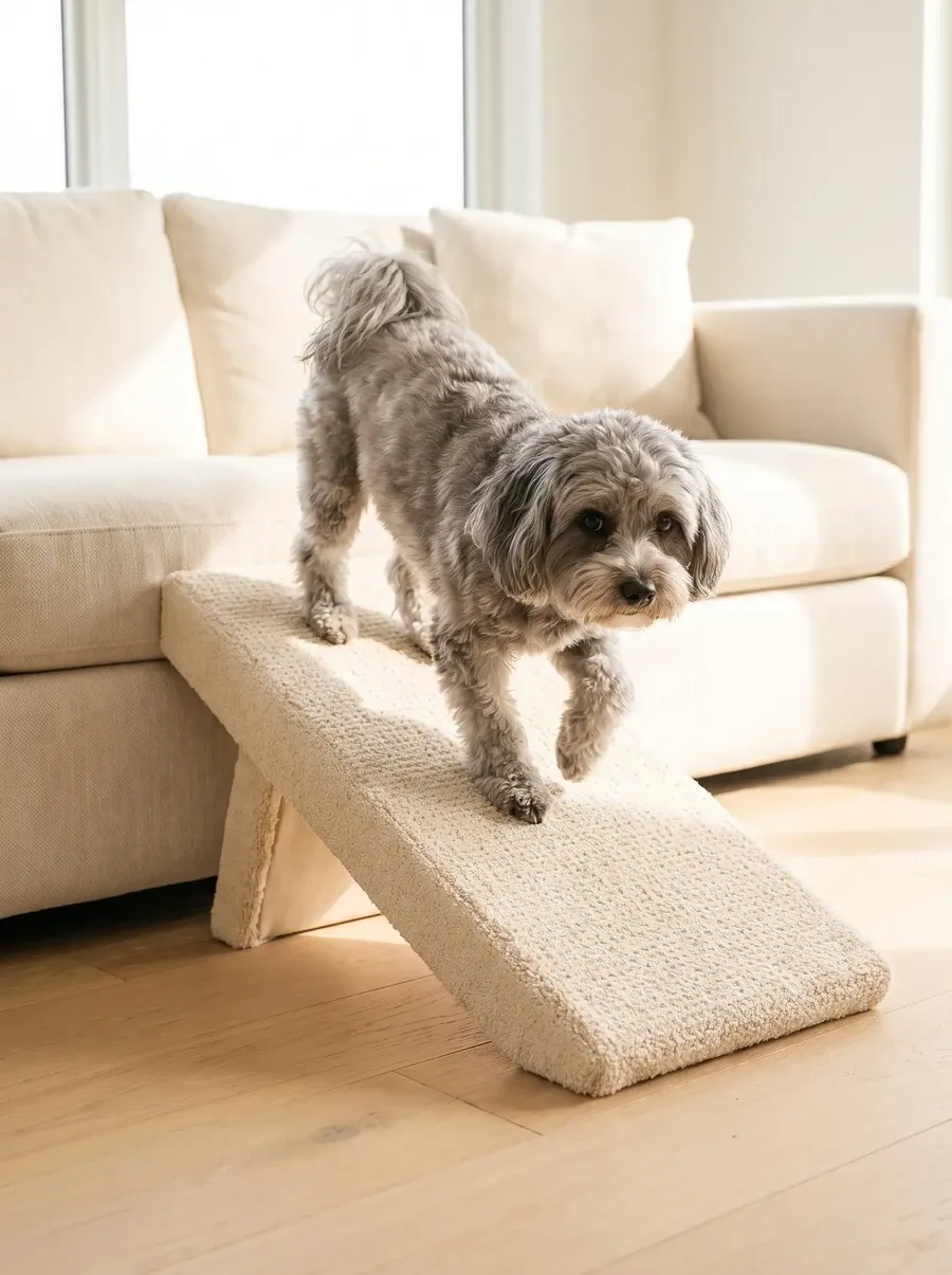 Shih-Poo, a silver adult walking down a small carpeted ramp from a cream sofa