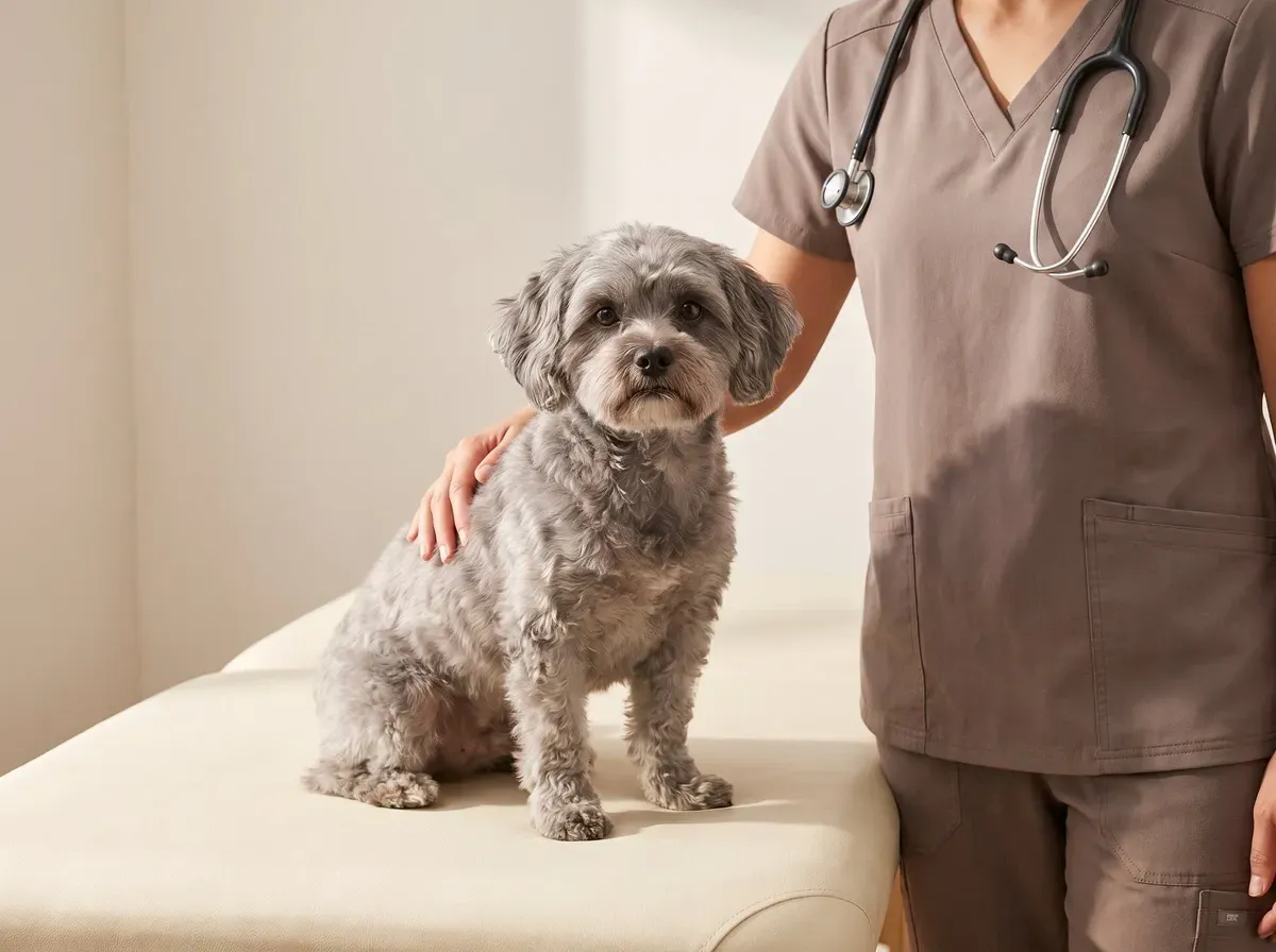 Shih-Poo, a silver adult sitting on a padded table, a vet in taupe scrubs resting a hand on the dog