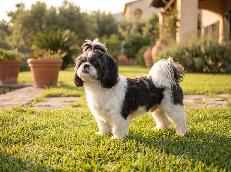 Shih Tzu, a black and white adult standing on a villa lawn in the early sun