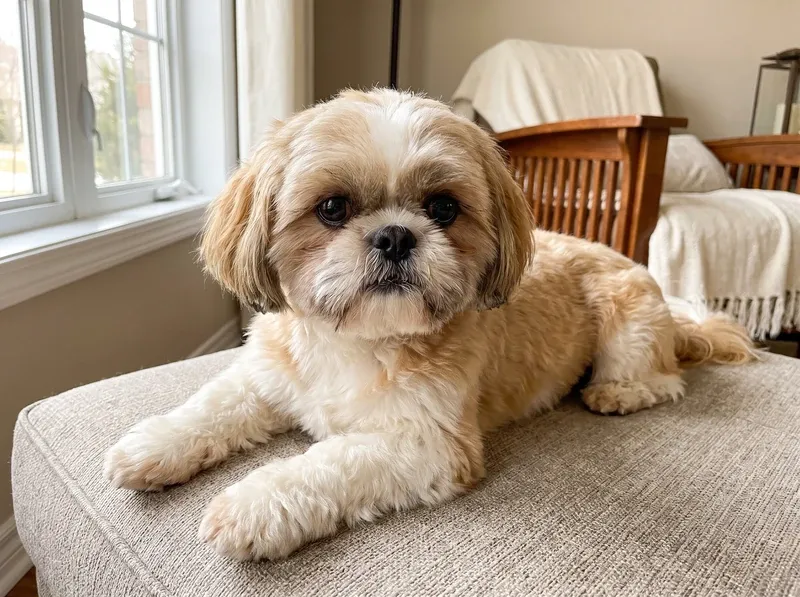 Shih Tzu, a gold and white adult lying on a stone-coloured cushion