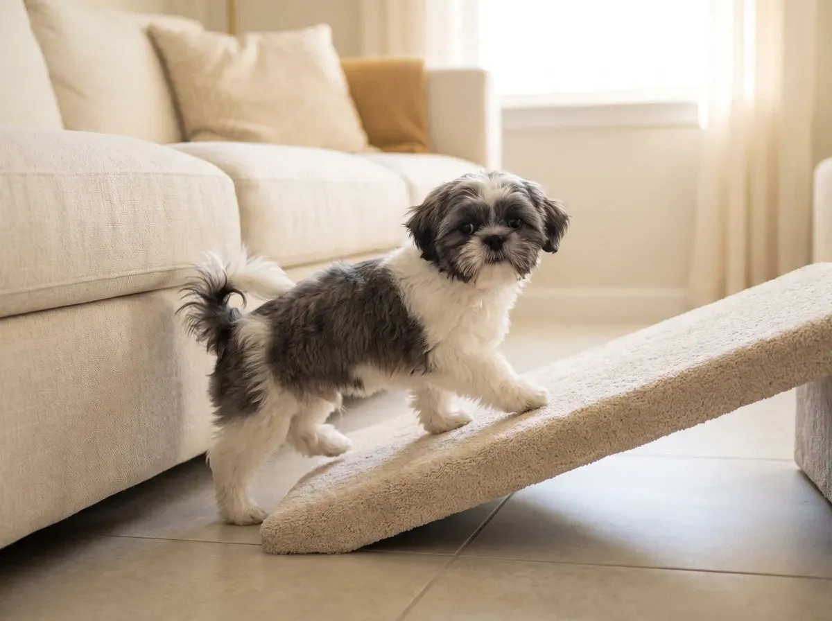 Shih Tzu, a black and white puppy climbing a carpeted ramp beside a sofa in a cool, tiled living room