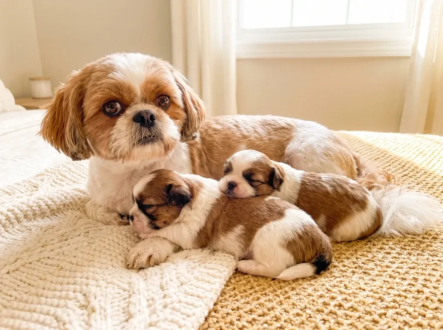 Shih Tzu, a red and white mother lying on a blanket with two sleeping puppies curled close
