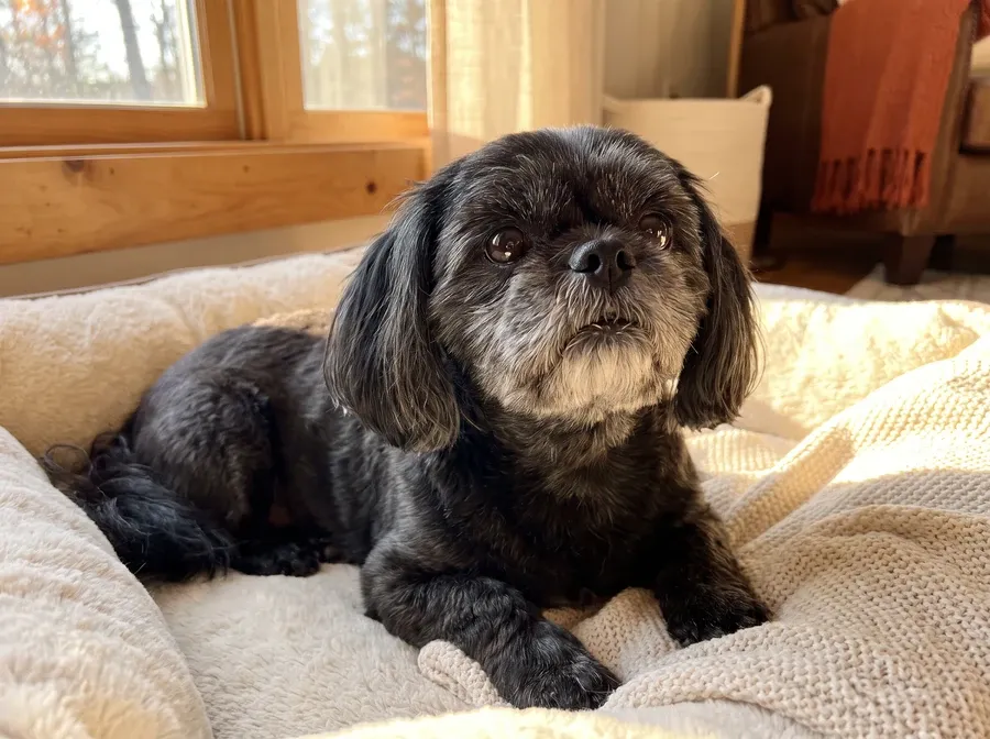 Shih Tzu, an older black dog with a greying muzzle resting on a soft cream bed