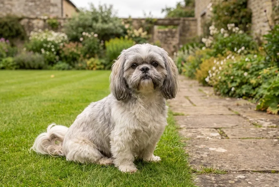 Shih Tzu history, a grey and white adult sitting on the lawn of an English country garden
