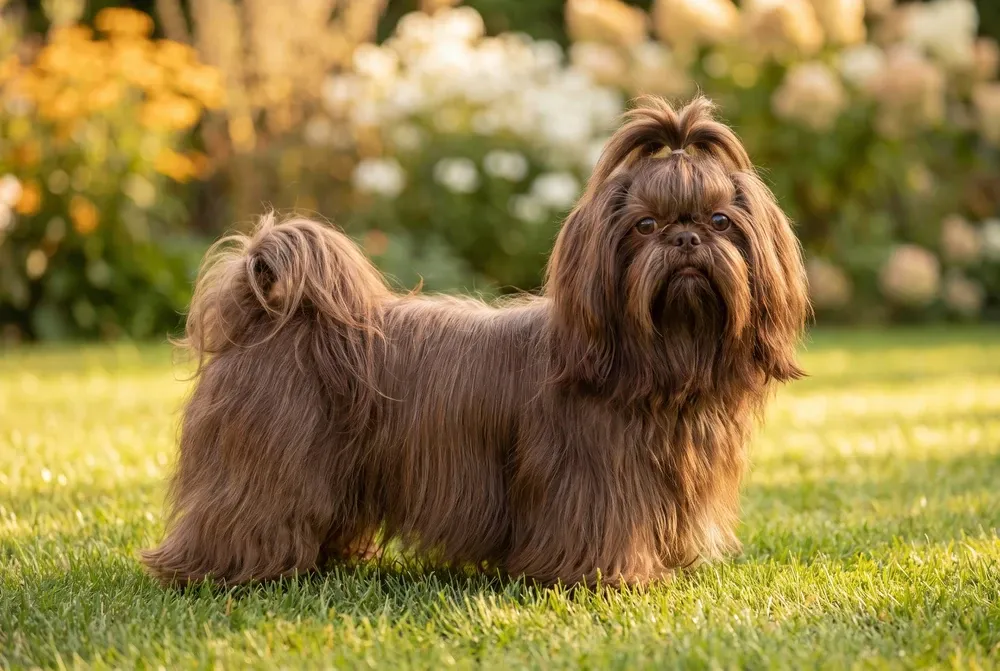 Shih Tzu history, a liver adult in a floor-length show coat with a tied topknot, standing on a lawn