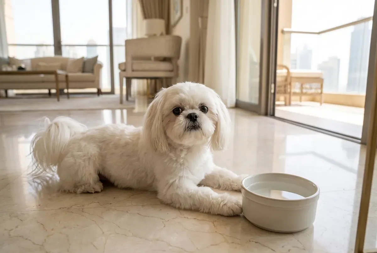 Shih Tzu history, the breed today, a white adult lying on cool marble beside a water bowl in a Dubai flat