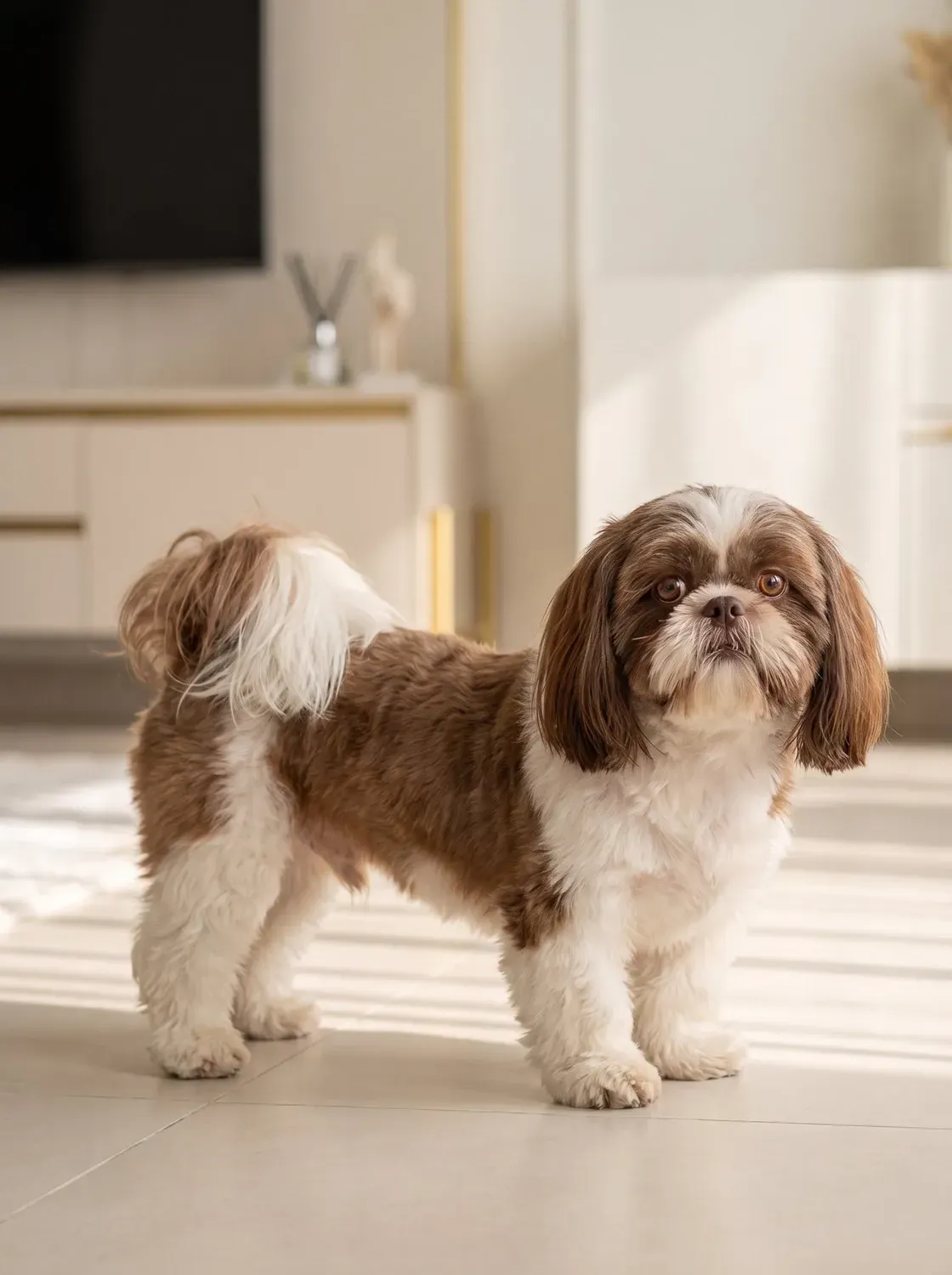 Shih Tzu, a liver and white adult in a shorter coat standing on cool floor tiles in a bright living room