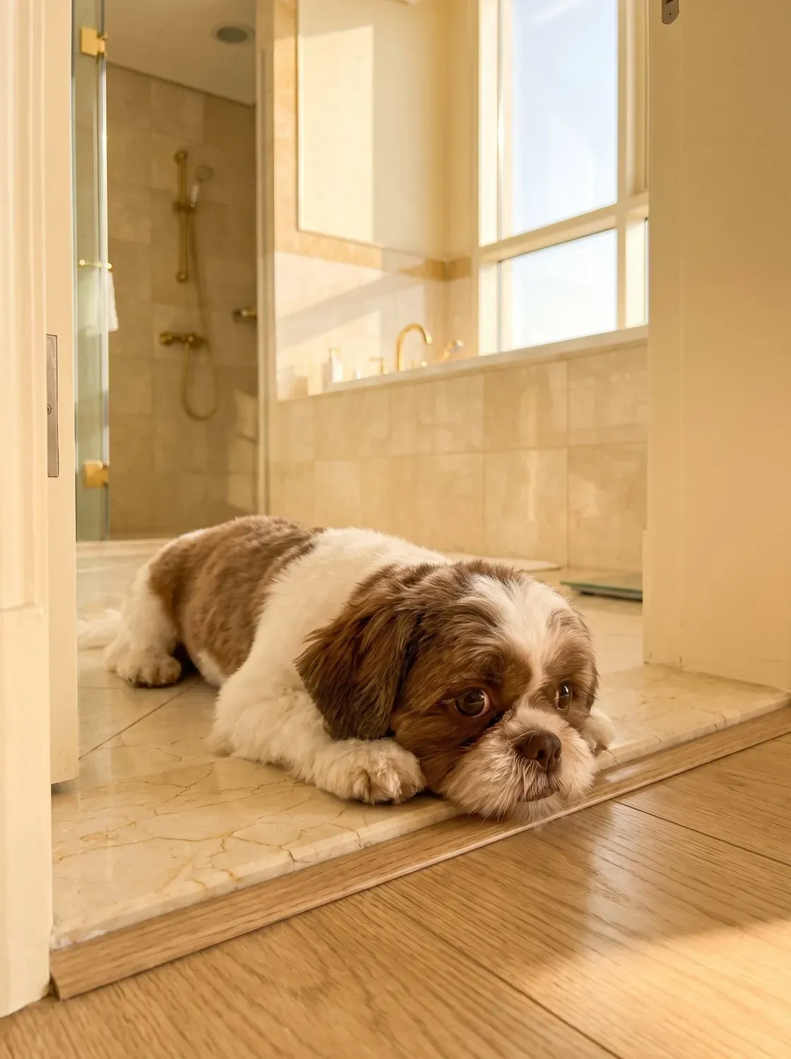 Shih Tzu, a liver and white adult lying in a bathroom doorway, chin on paws, keeping watch