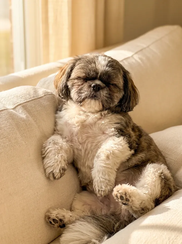 Shih Tzu, a brindle and white adult sitting propped up on a cream sofa, eyes half closed