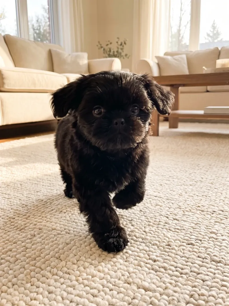 Shih Tzu, a black puppy running across a living room rug