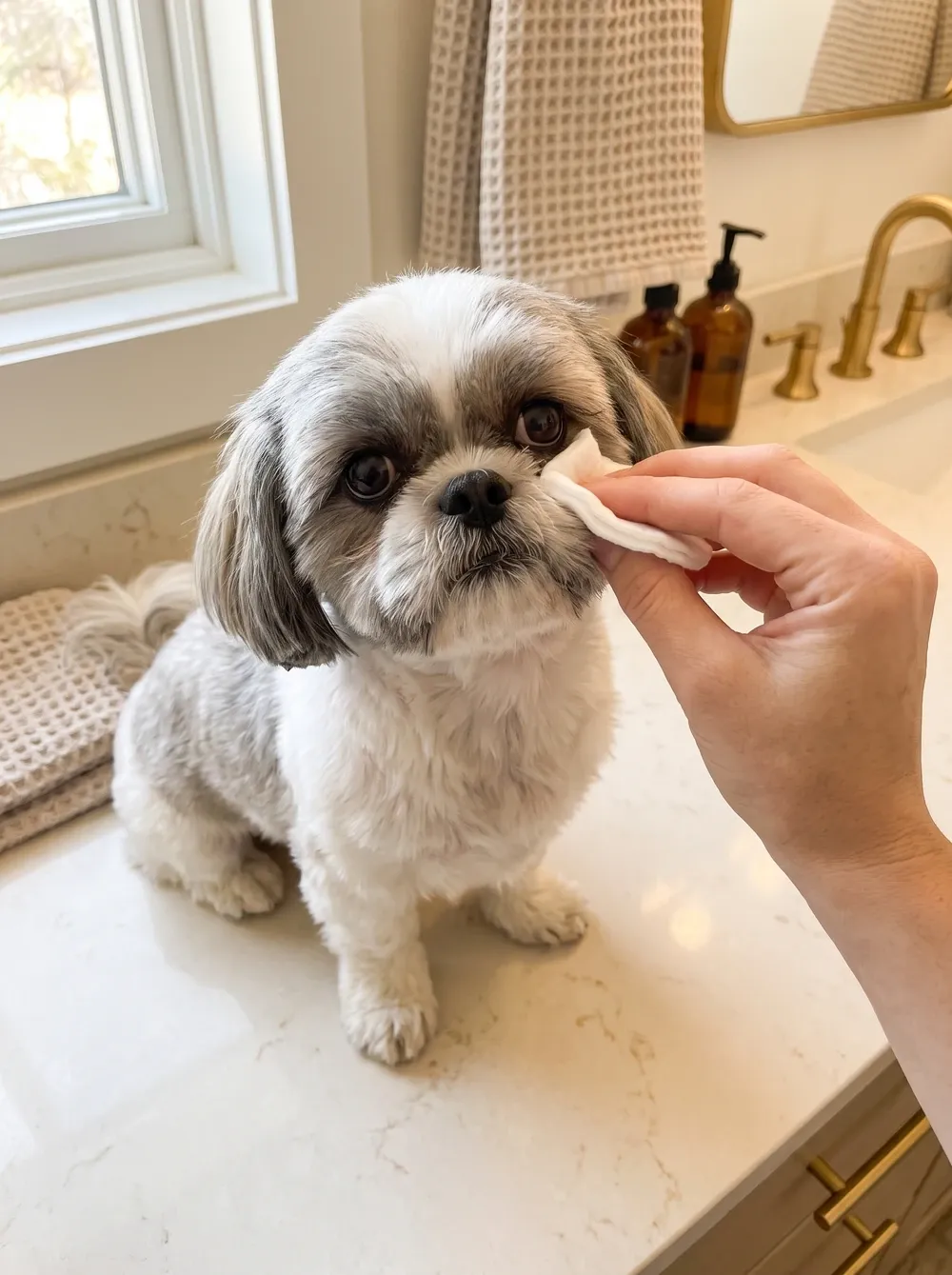 Shih Tzu, a pet parent gently wiping under a silver and white adult's eye with a cotton pad
