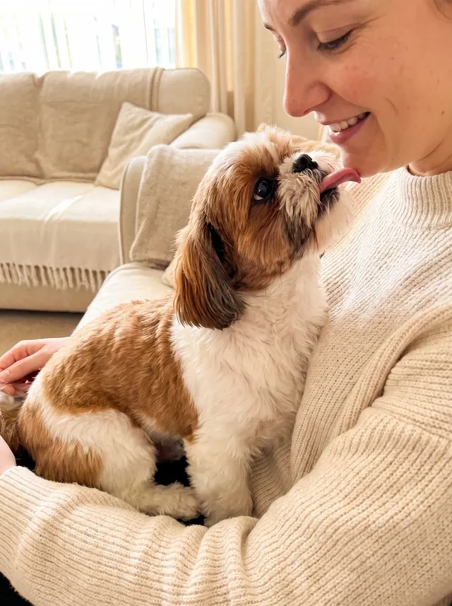 Shih Tzu, a red and white adult on a pet parent's lap, reaching up to lick the pet parent's chin