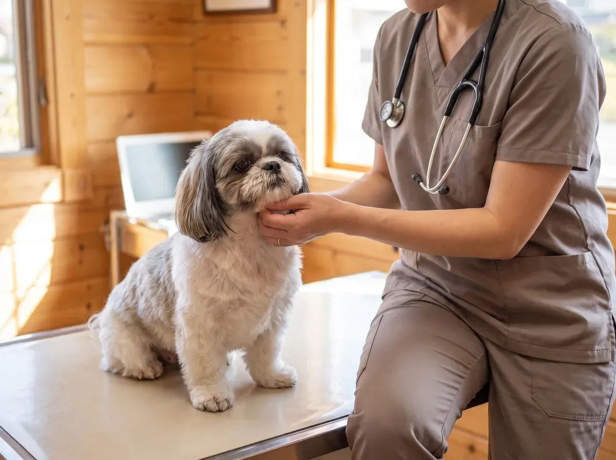 Shih Tzu, a calm grey and white adult on a clinic table as a vet in taupe scrubs gently cups the dog's chin