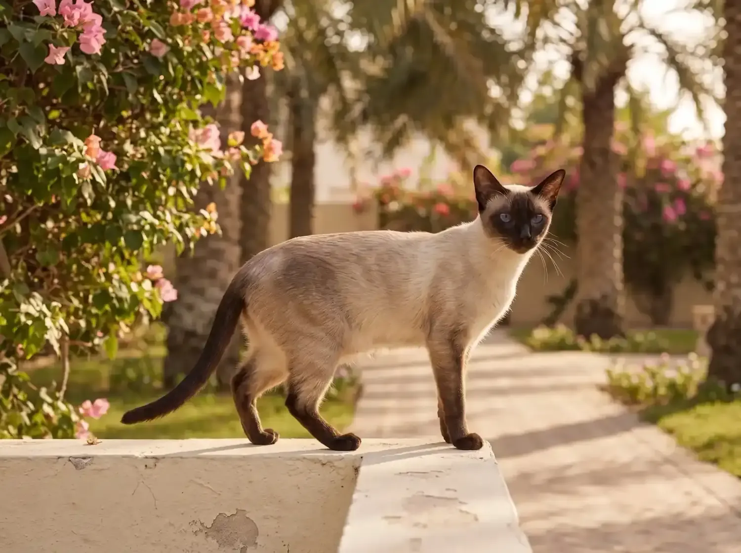 Siamese in Dubai, a slender seal point standing on a garden wall by a palm-lined path