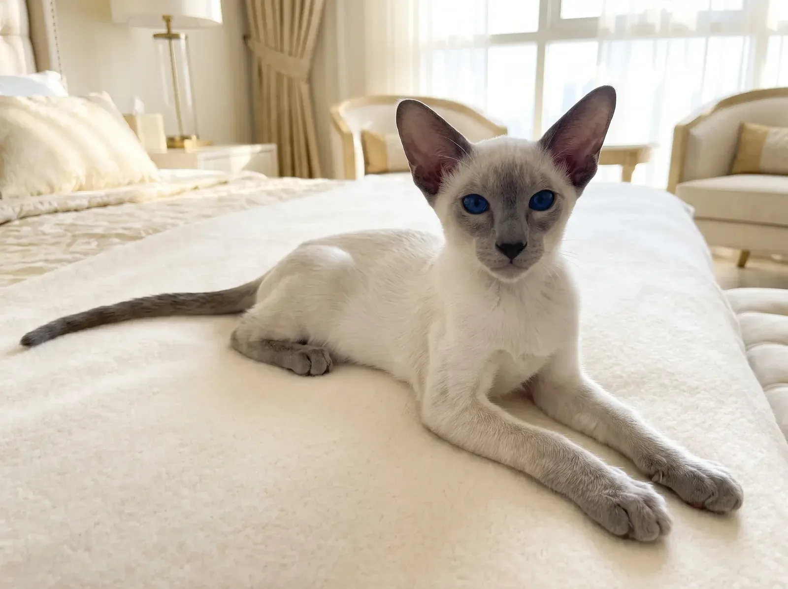 Siamese, a blue point kitten lying on a soft cream blanket