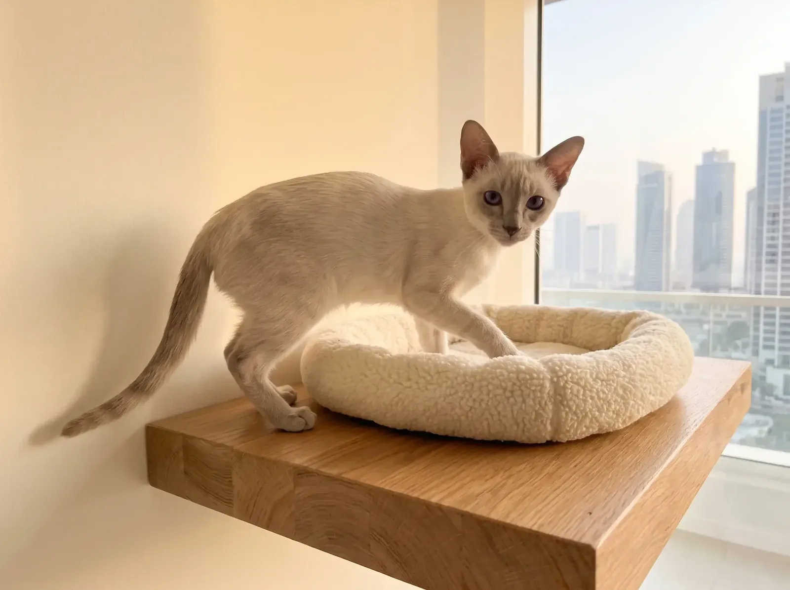 Siamese in Dubai, a pale lilac point kitten stepping into a fleece bed on a high shelf, the city outside