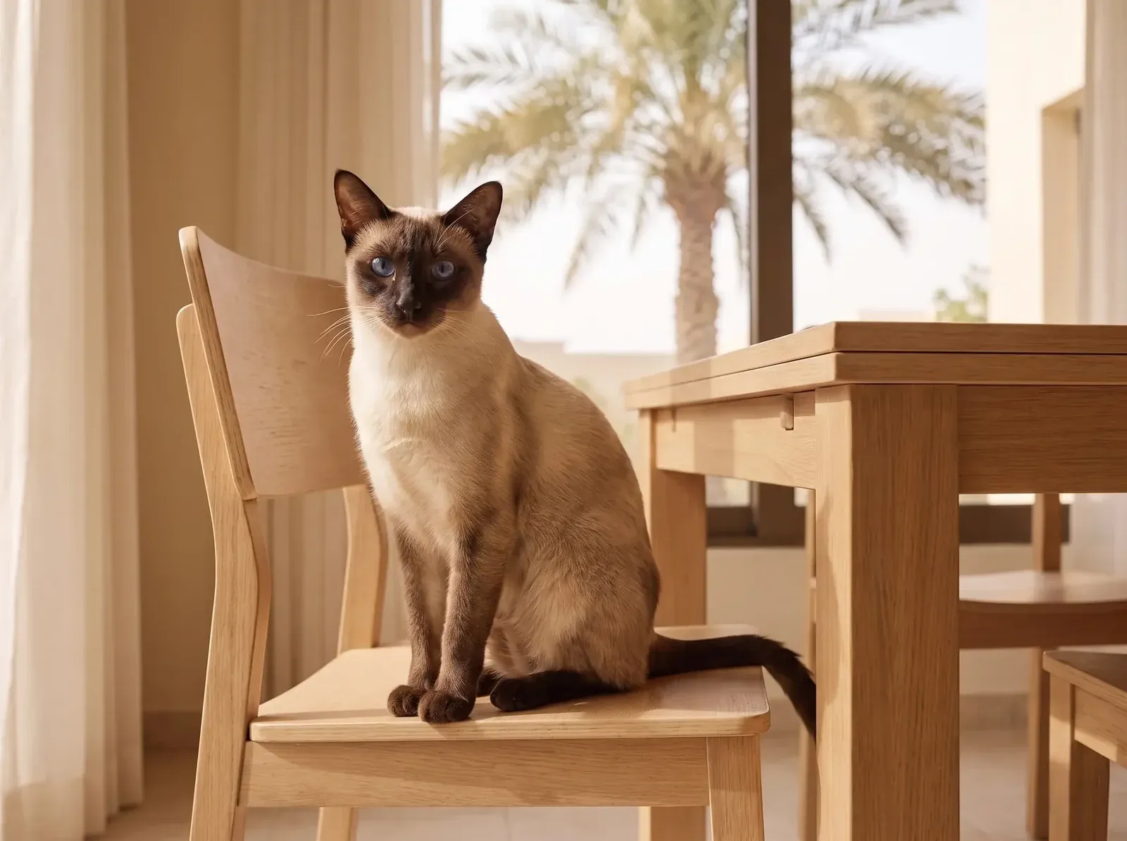 Siamese in Dubai, a chocolate point sitting on a timber dining chair, a date palm outside