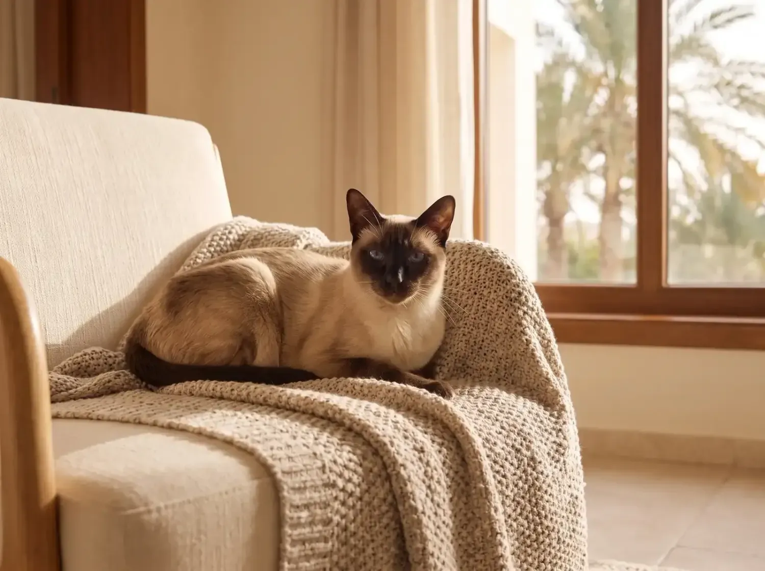 Siamese in Dubai, an older seal point resting on a knitted blanket on an armchair, palms outside