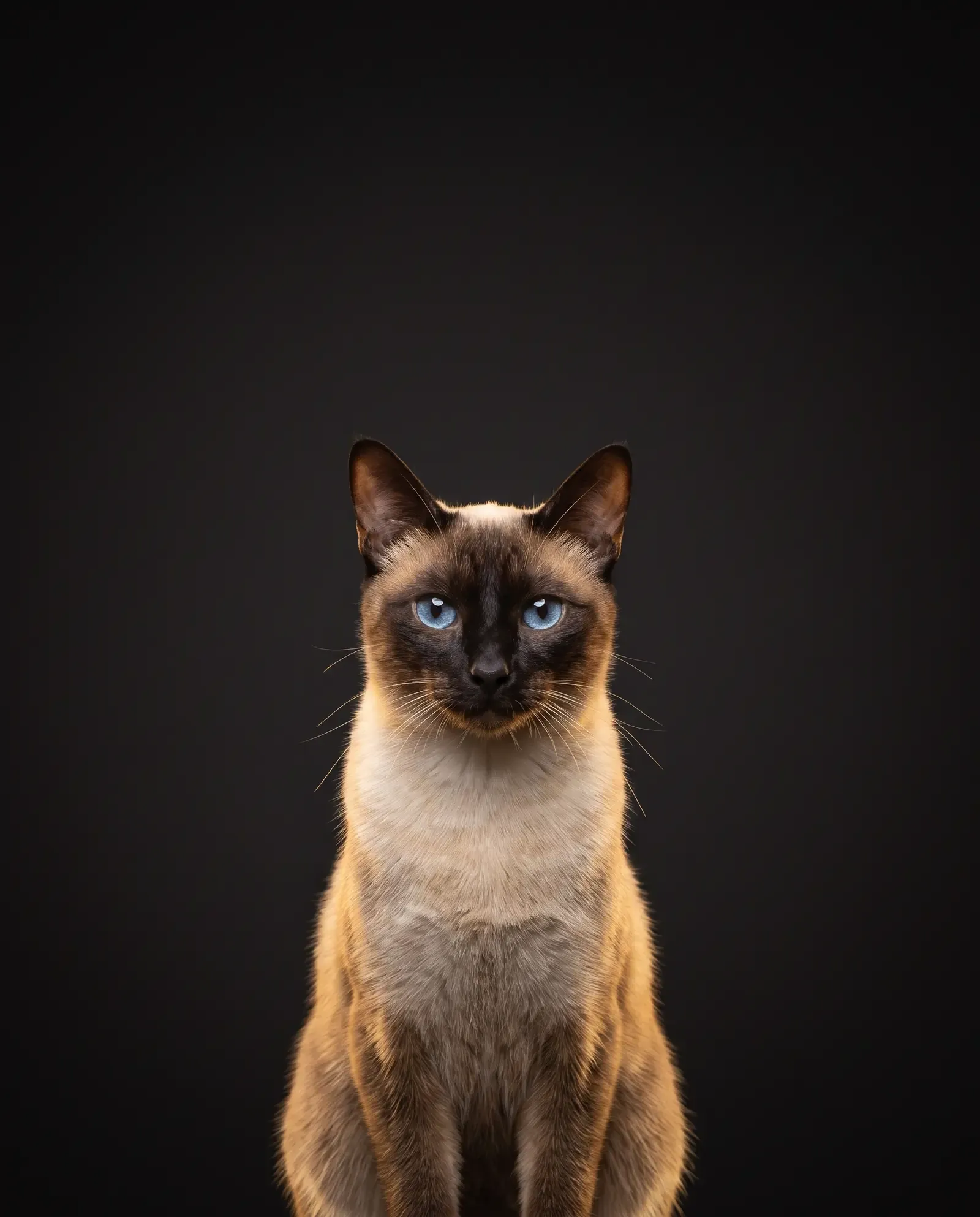 Siamese in Dubai, studio portrait of a calm seal point adult with blue eyes, sitting