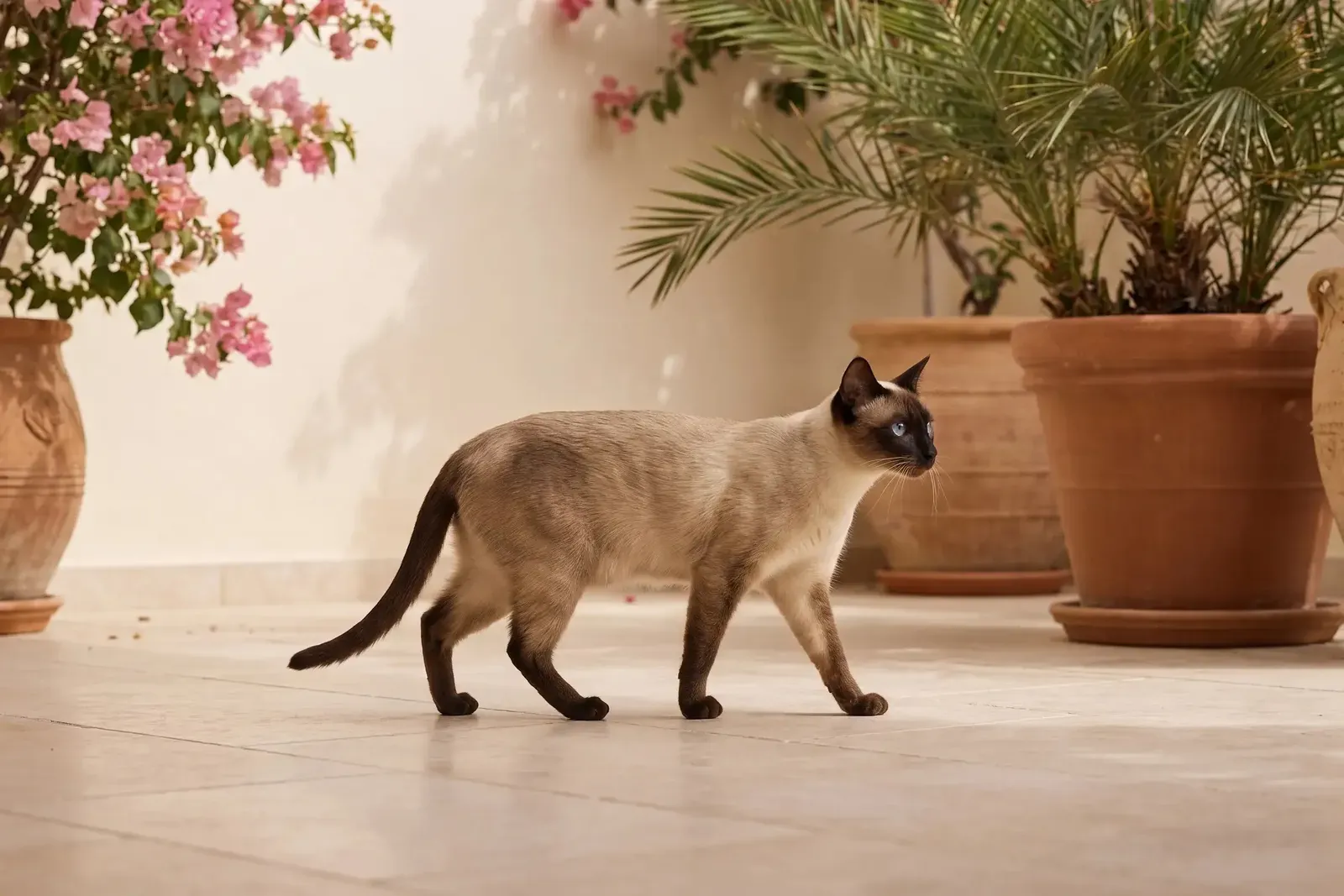 Siamese history, the breed today, a chocolate point adult on a shaded villa terrace, Dubai, 2026