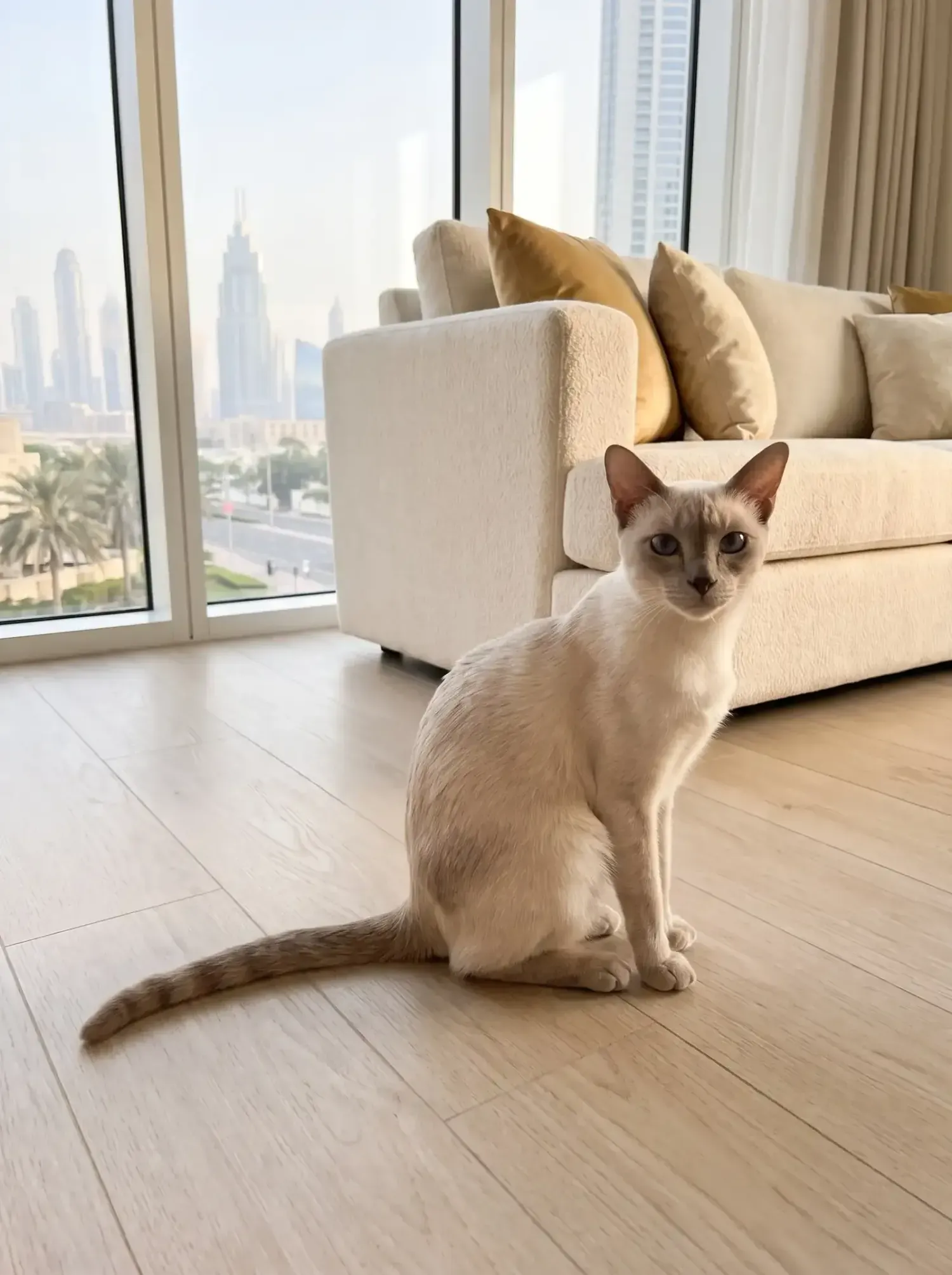 Siamese in Dubai, the same lilac point sitting on a timber floor in a bright flat, the skyline behind