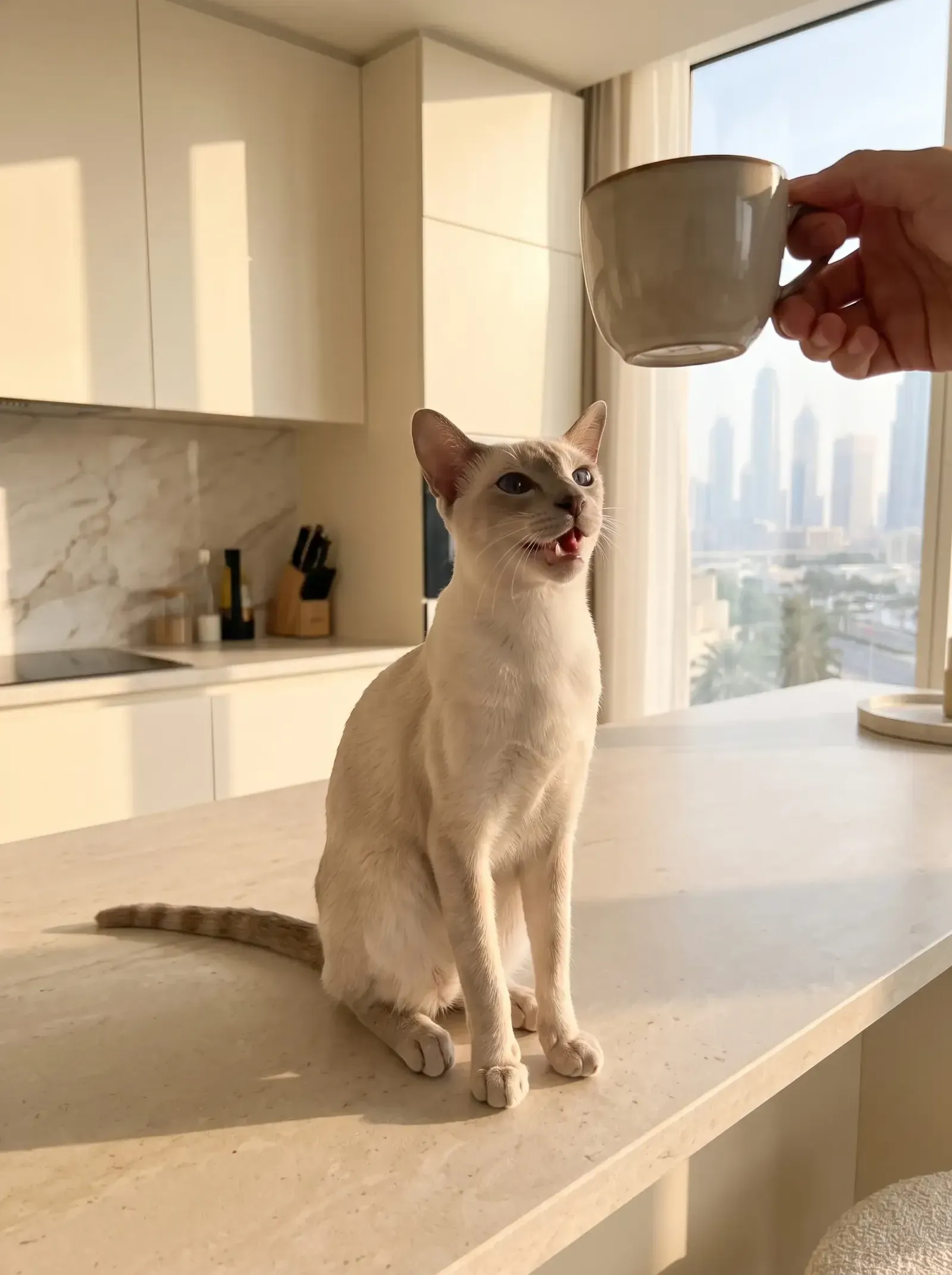 Siamese in Dubai, a lilac point mid-meow on a kitchen counter, the skyline through the window