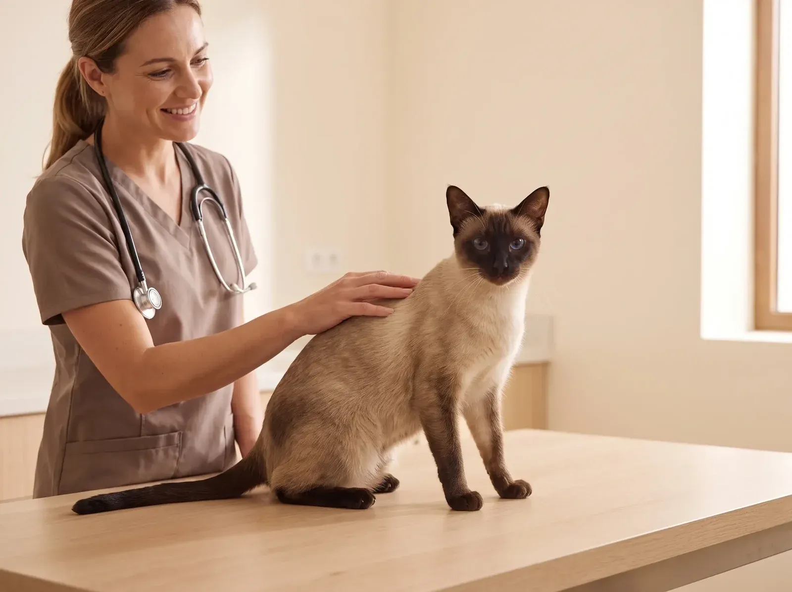 Siamese, a seal point on a consultation table, a smiling vet in taupe scrubs with a hand on its back