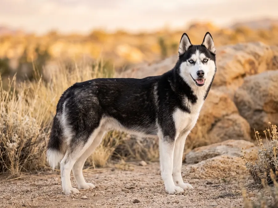 Siberian Husky in Dubai, a black and white adult standing among desert scrub and rocks at dawn