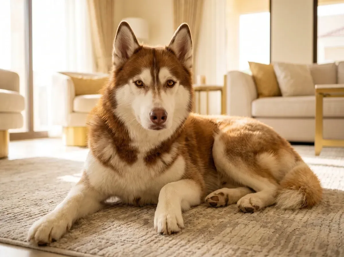 Siberian Husky, a copper red and white adult lying on a stone-coloured rug in a sunlit living room