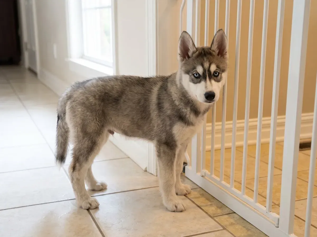 Siberian Husky, a grey puppy standing by a baby gate in a cool tiled hallway