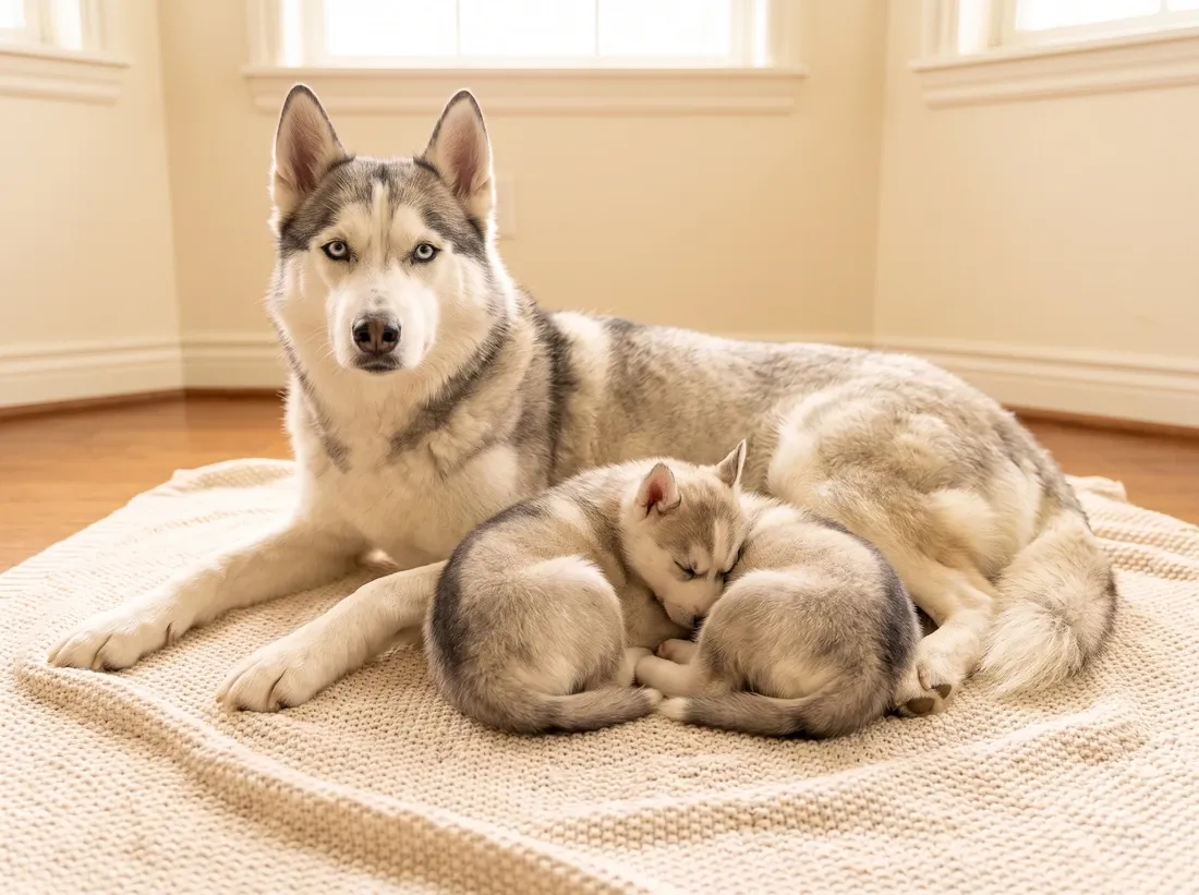 Siberian Husky, a grey and white mother lying on a blanket with two sleeping puppies