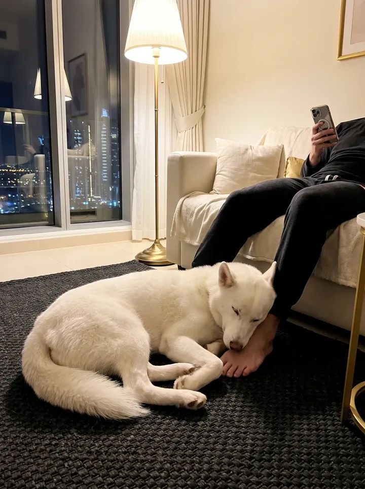 Siberian Husky in Dubai, a white adult asleep at a pet parent's feet at night, city lights behind