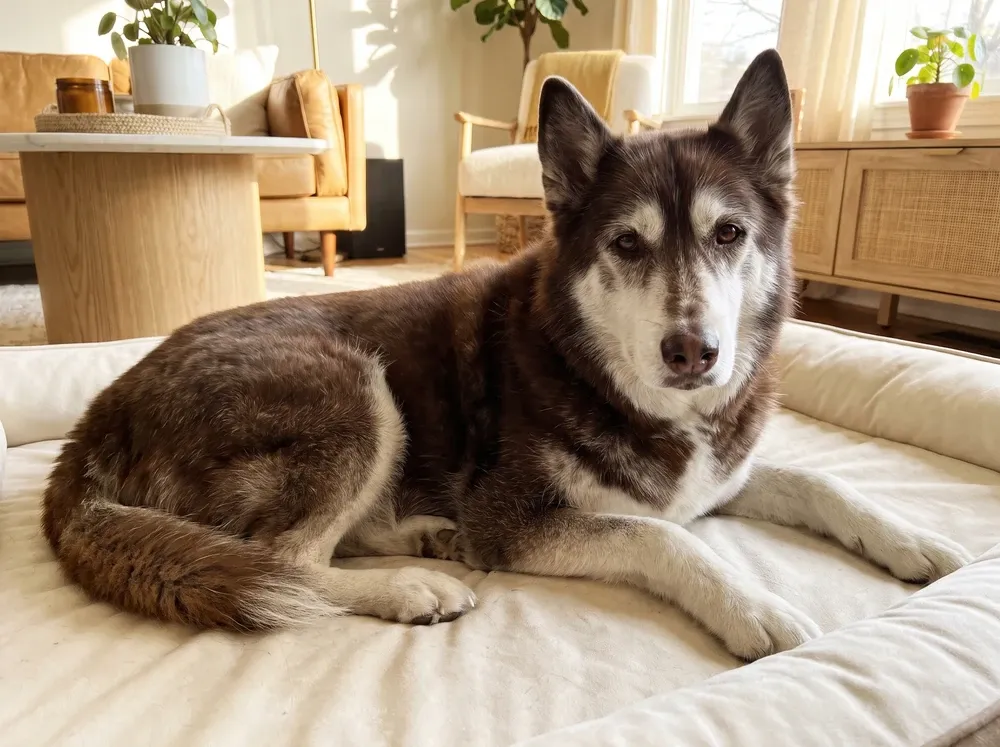 Siberian Husky, an older black and white dog with a greying face resting on a padded cream bed