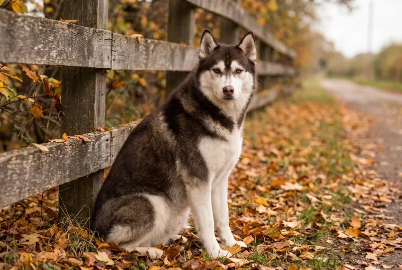Siberian Husky history, a family dog, a black and white adult sitting by a wooden fence on an autumn lane