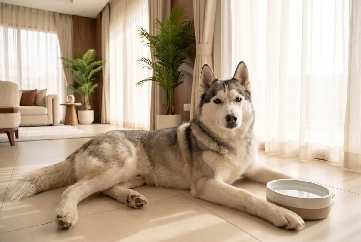 Siberian Husky history, the breed today, a grey and white adult lying on cool tiles beside a water bowl