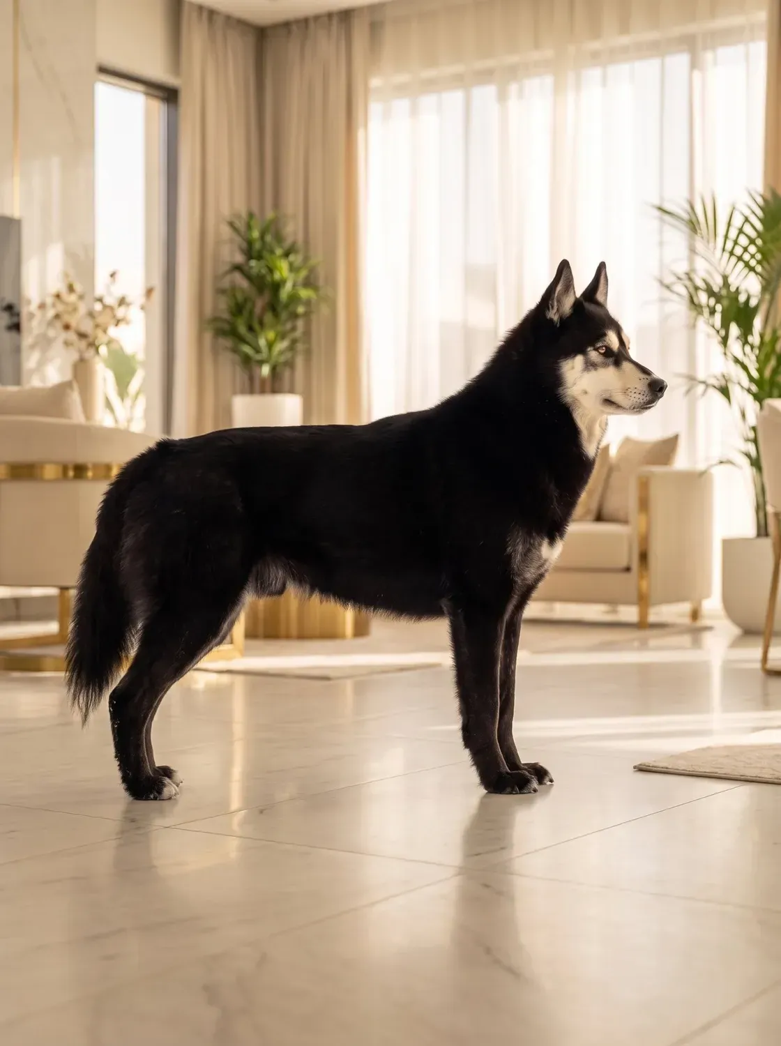 Siberian Husky, the same black adult standing on a marble floor in a bright living room
